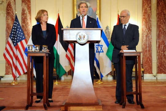 U.S. Secretary of State John Kerry, Israeli Justice Minister Tzipi Livni, and Palestinian Chief Negotiator Saeb Erekat address reporters on the Middle East Peace Process Talks at the U.S. Department of State in Washington, D.C., on July 30, 2013. [State Department photo/ Public Domain]
