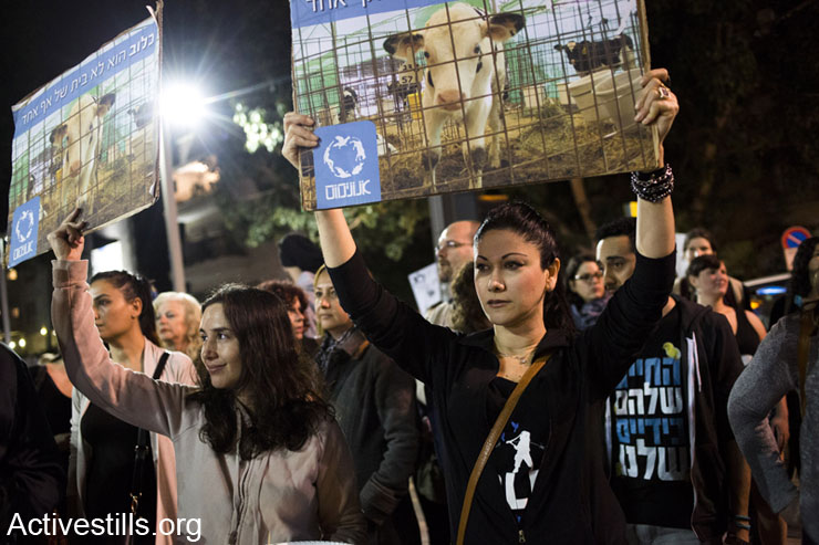 Hundreds of people demonstrate near Habima Theatre in Tel Aviv against the abuse of cows and calves in the dairy industry. Israel, January 25, 2014. The demonstration took place following the publication of an investigation by the animal rights organization "Let Live" that revealed harsh conditions and abuse of cows and calves in a barn in Ramat Hasharon. The protesters distributed vegan food to passers-by and called on them to avoid buying and consuming dairy products. (photo: Keren Manor/Activestills.org)
