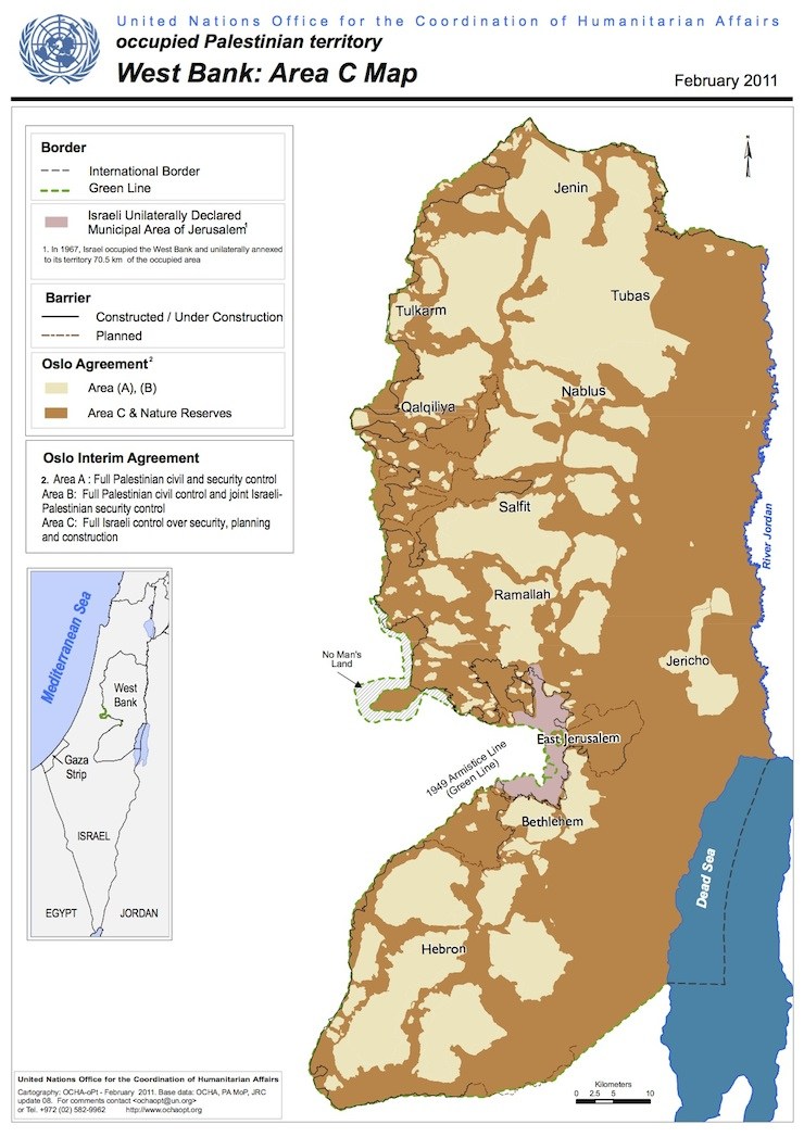 Map of Areas A, B and C in the West Bank (Map by UN Office for the Coordination of Humanitarian Affairs)