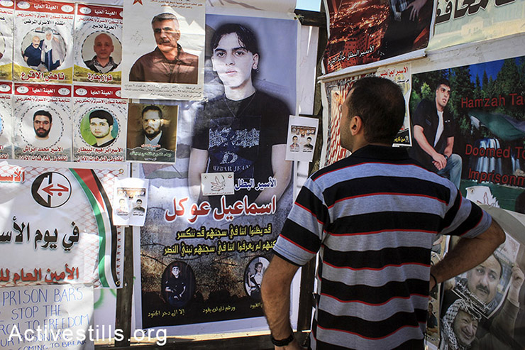 A Palestinian looks at a prisoners' pictures hanged beside a solidarity protest tent in the city center of Nablus, West Bank, May 02, 2014. (Ahmad al-Bazz/Activestills.org)