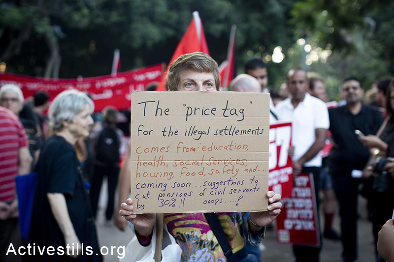 Palestinians living in Israel and Israeli activists participate in a protest march in Tel Aviv marking forty seven years to Israel's occupation of the West Bank and Gaza, June 7, 2014. (Oren Ziv/Activestills.org)