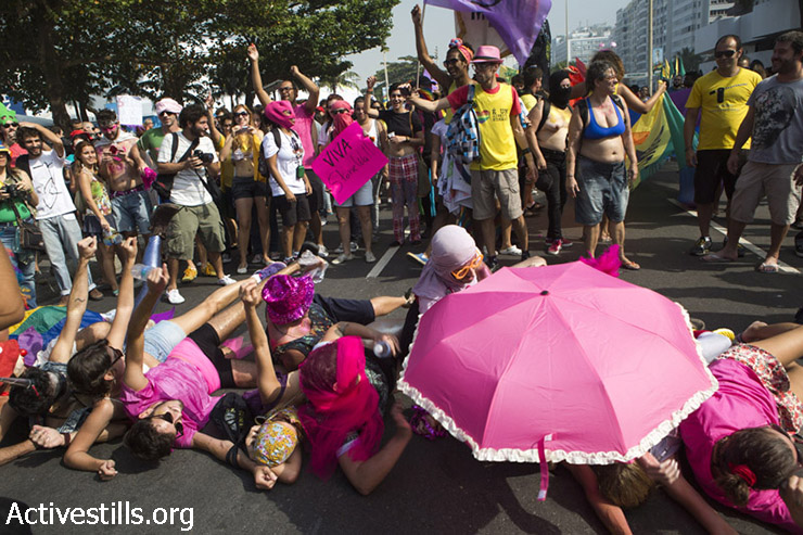 Activists take part in a demonstration against the World Cup also marking 45 years to since the Stonewall Inn riots, Rio de Janeiro, Brazil, June 28, 2014. (Keren Manor/Activestills.org)