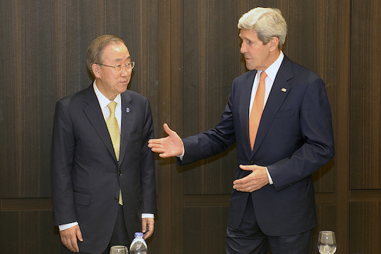 UN Secretary-General Ban Ki-moon meets with U.S. Secretary of State John Kerry in Jerusalem on Wednesday, July 23, 2014. (photo: U.S. Embassy)