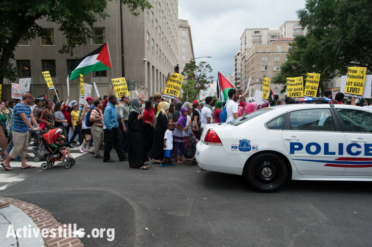 Thousands of marchers clogged the streets of downtown Washington, D.C., in a  protest against Israel's offensive in Gaza, August 2, 2014. So far, Israeli attacks have killed at least 1,622 Palestinians, the majority of them civilians, including 326 children.