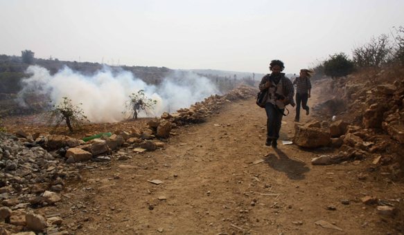 Israeli and International Activists Run from Tear Gas in Beit Umar. Photo Credit: Joseph Dana