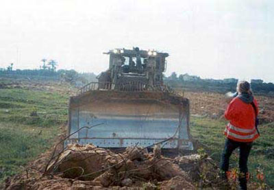 Rachel Corrie Shortly Before Being Crushed by Israeli Military Bulldozer near Rafeh in the Gaza Strip