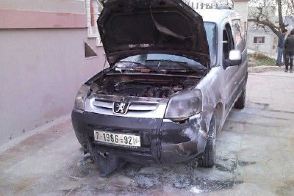 Burnt Palestinian Car in Ein Abbus This Morning. Photo" Btzselem