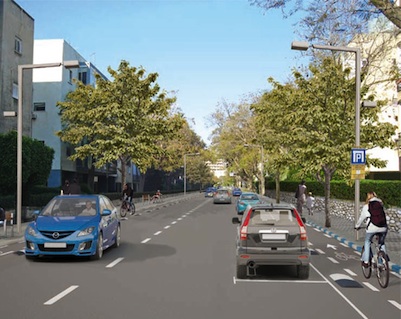 Rendering of Tel Aviv's Bloch Street in April 2012 after bike lanes are added (Photo courtesy of Tel Aviv Municipality)