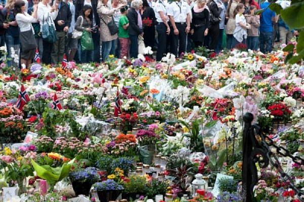 Flowers put by Norwegians in memory of the victims of Anders Brievik's terror attack