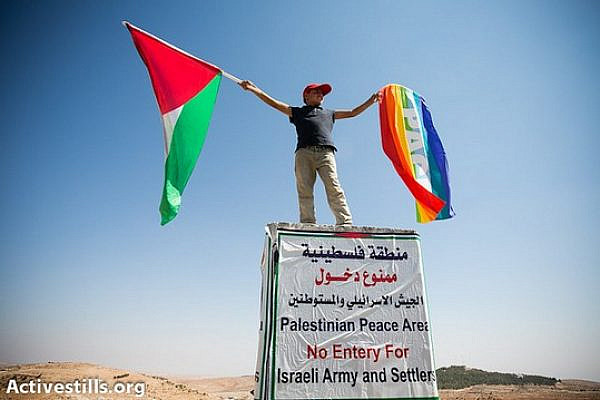 During a solidarity march, a Palestinian boy waves a peace flag and the Palestinian flag while standing atop a concrete slab which usually bears warnings placed by the Israeli military declaring a firing zone, South Hebron Hills, September 22, 2012. (photo: Yotam Ronen/Activestills.org)