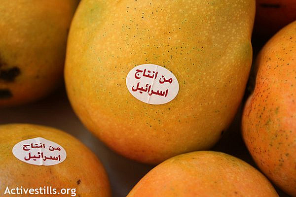 A mango labeled with a sticker reading "Made in Israel" and written in Arabic, seen in a market in Amman city, Jordan, August 28,2012. The mangoes are produced by the Israeli company "Zemach", based in the illegal Jewish settlement block of the Jordan valley in the West Bank. (photo by: Ahmad Al-Bazz/Activestills.org)