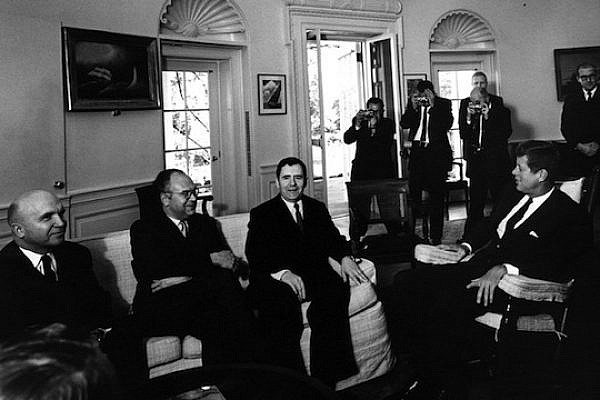 President Kennedy meets with Soviet Foreign Minister Andrei Gromyko in the Oval Office. The President knows but does not reveal that he is now aware of the missile build-up. (photo: Wikicommons)