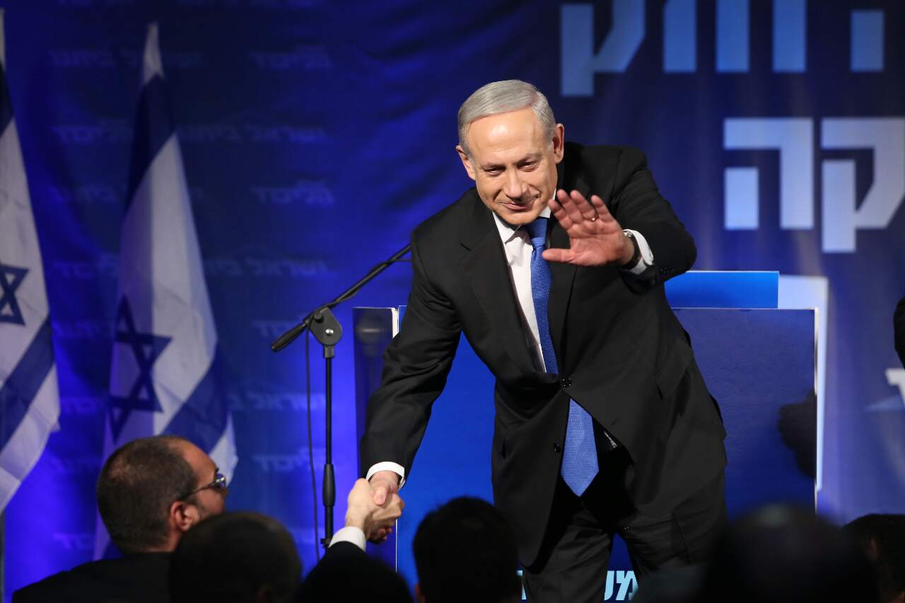 Benjamin Netanyahu thanks his supporters at the Likud-Yisrael Beitenu headquarters, January 23, 2013 (photo: Yotam Ronen / Activestills)