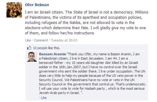 Israelis give their votes to Palestinians in Facebook campaign