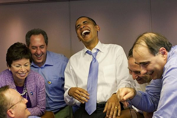 U.S. President Barack Obama laughing aboard Air Force One (Pete Souza/White House Photo, cropped)
