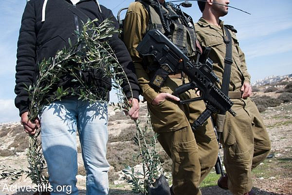 Israeli forces interrupt an olive tree planting activity of Palestinians, accompanied by Israeli solidarity activsts, on land between the Israeli settlements Efrat and El'azar belonging to the Palestinian village of Al Khader, January 13, 2014. All Israeli settlements on occupied Palestinian territory are illegal under international law. (photo: Ryan Rodrick Beiler/Activestills.org)