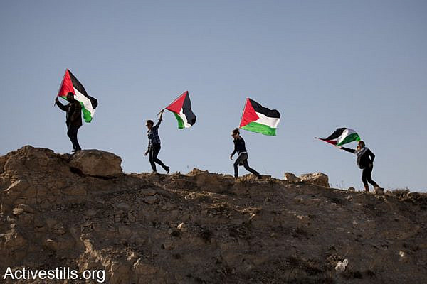 Palestinians wave flags during a protest against the expansion of the Ma'ale Adumim Israeli settlement, Al Eizariya, West Bank, February 13, 2014. The protest took place hours before thousands of Israeli settlers held a march in the E1 area. Israel had planned construction in the East-1 area, but kept back implementation due to international pressure in 2009. Further settlement construction in the area would effectively separate Palestinians in East Jerusalem from the West Bank. All Israeli settlements in the occupied Palestinian territories are illegal under international law. (photo: Tali Mayer/Activestills.org)