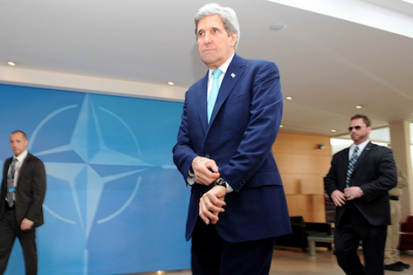 .S. Secretary of State John Kerry arrives at NATO Headquarters in Brussels, Belgium, for ministerial meetings on April 1, 2014. (State Department photo)