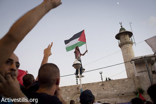 A Palestinian youth living in Israel waves a Palestinian flag during protest against the attack on Gaza in the city of Lod, Israel, August 3, 2014. (Oren Ziv/Activestills.org)