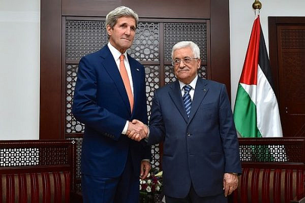 U.S. Secretary of State John Kerry shakes hands with Palestinian Authority President Mahmoud Abbas in Ramallah, West Bank, on July 23, 2014, before the two sat down for a discussion about a cease-fire in fighting between Israel and Hamas in the Gaza Strip (photo: U.S. State Department)