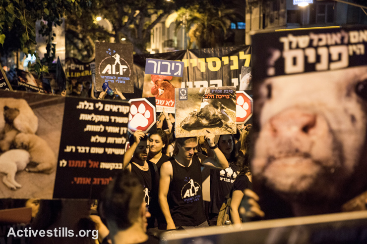 Over 5,000 animal rights activists gathered in Tel Aviv's Rabin Square and then marched through the streets under the slogan, "Stop the suffering, choose compassion", September 20, 2014. The protesters denounced the exploitation of animals by various industries, including food, entertainment, fashion and scientific experimentation.