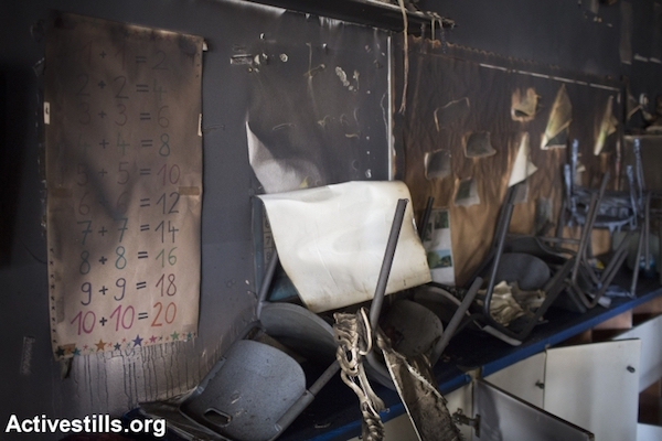 Damage from an arson attack that targeted first-grade classrooms at a Jewish-Arab school near the Palestinian neighborhood of Beit Safafa in southern Jerusalem, November 30, 2014. Spray painted on the walls were racist slogans in Hebrew reading: "Death to Arabs" and "There's no coexistence with cancer". (Photo by Oren Ziv/Activestills.org)