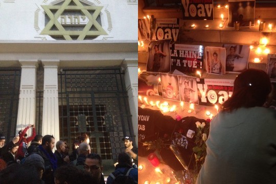 Tunisians march in front of Tunis' Grand Synagogue (left), mourners light candles during a Tunis vigil to honor Yoav Hattab. (photos: Houda Mzioudet)