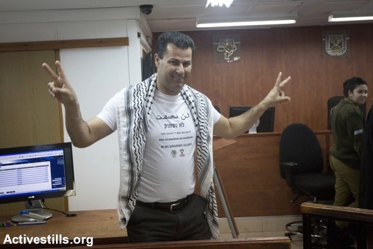 Abdullah Abu Rahmah in Ofer Military Court, February 8, 2015. (Photo by Oren Ziv/Activestills.org)