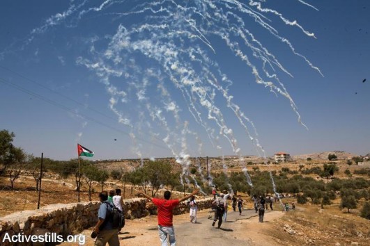Protesters run for cover after Israeli soldiers shoot tear gas during a demonstration in Bil'in. (photo: Keren Manor/Activestills.org)