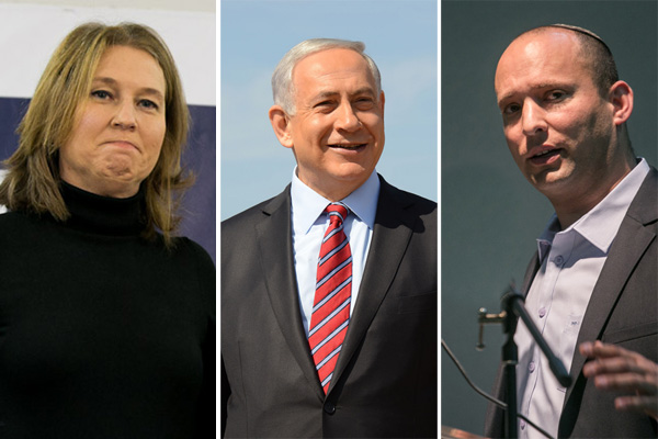Tzipi Livni, Benjamin Netanyahu, Naftali Bennett (Photos by Activestills, GPO)