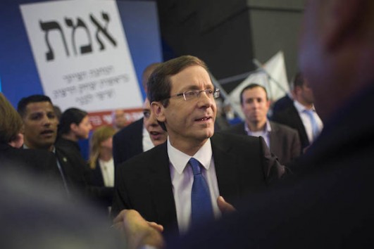 Labor party leader Isaac Herzog at campaign headquarters on election night, March 17, 2015. (Oren Ziv/Activestills.org)