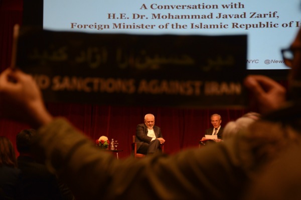 Mohammad Zarif (right)  with the Washington Post's David Ignatius in New York City, April 29 2015 (credit: Gili Getz)