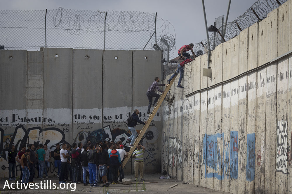 Dozens of Palestinians wait to climb over the separation wall near Qalandiya checkpoint, June 26, 2015. (photo: Oren Ziv/Activestills.org)