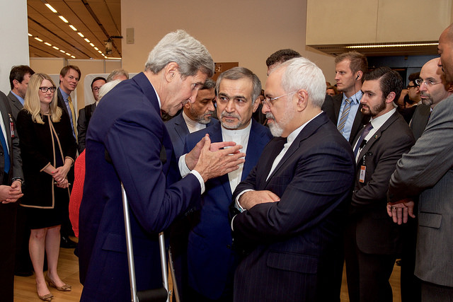 Secretary Kerry Speaks With Hossein Fereydoun and Iranian Foreign Minister Zarif Before Addressing Reporters in Vienna, July 14, 2015. (State Department photo)