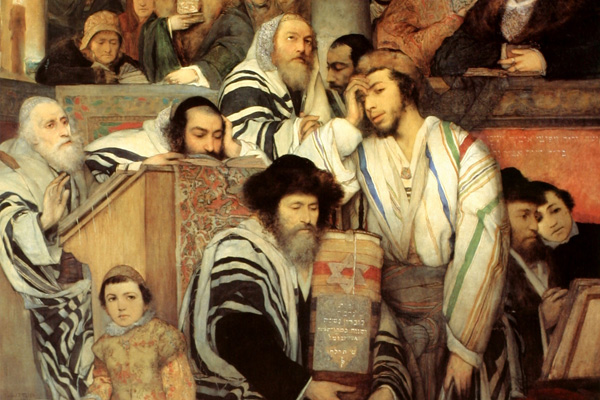 Jews Praying in the Synagogue on Yom Kippur, 1878 painting by Maurycy Gotltlieb, in the artist's home town of Drohobych (Tel Aviv Museum of Art)