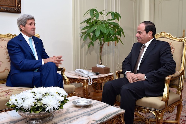 U.S. Secretary of State John Kerry chats with Egyptian President Abdel Fattah al-Sisi at the Presidential Palace in Cairo, Egypt, on July 22, 2014, to discuss a possible cease-fire between Israeli and Hamas forces fighting in the Gaza Strip. (photo: U.S. Department of State)
