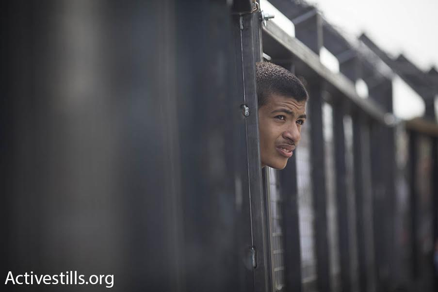 A refugee pokes his head through the border crossing to look over at the Hungarian side, September 15, 2015. (photo: Oren Ziv/Activestills.org)