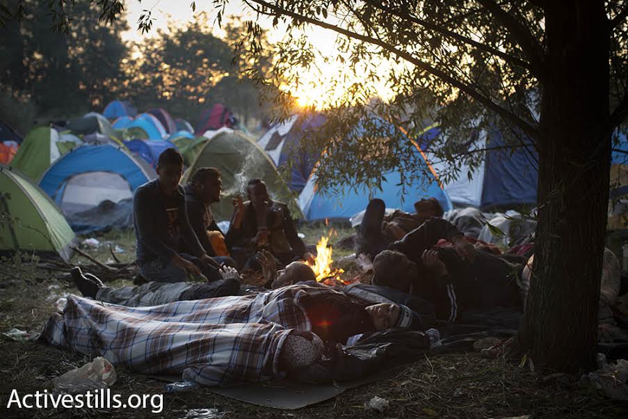 Refugees set up camp across the border crossing between Serbia and Hungary, September 15, 2015. (photo: Oren Ziv/Activestills.org)