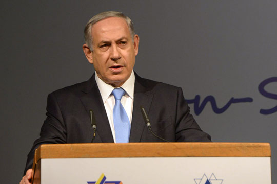 Prime Minister Benjamin Netanyahu gives a speech at the World Zionist Congress, Jerusalem, October 20, 2015. (Amos Ben-Gershom/GPO)