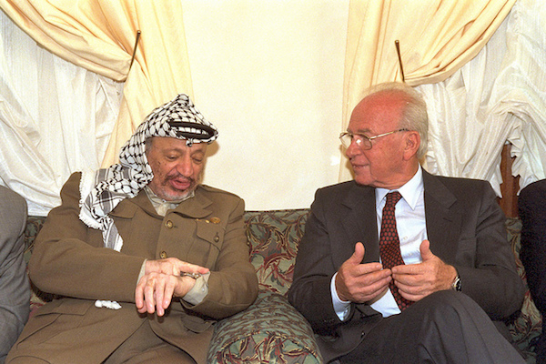 Prime Minister Yitzhak Rabin meets with PLO Chairman Yasser Arafat in Casablanca, October 30, 1994. (GPO/Saar Yaakov)