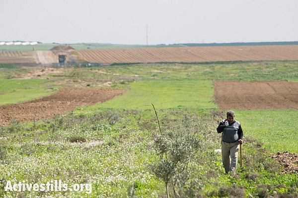 A Palestinian farmer walks through fields near Gaza’s eastern border, Al Montar, February 17, 2014. An Israeli military post is seen in the distance to the left, with the border indicated by the dark green areas passing through it. (photo: Ryan Rodrick Beiler/Activestills.org)