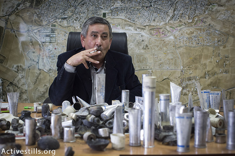 Talal Al-Krenawi, the mayor of the Bedouin town of Rahat, displays the ammunition used by the Israeli police during clashes yesterday, on January 19, 2015. Sami Zayadna, 42, was killed during clashes that irrupted when a police car bursted into a closed area where the funeral of Sami al-Jaar was held the following day. Sami al-Jaar, 22, was gunned down during a police drug raid in Rahat the day before.  Activestills.org