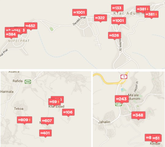Tekoa, Ma'ale Adumim, Nofei Prat, and Kfar Eldad — Airbnb gives its users the opportunity to rent a room in West Bank settlements. (screenshot from Airbnb.com)