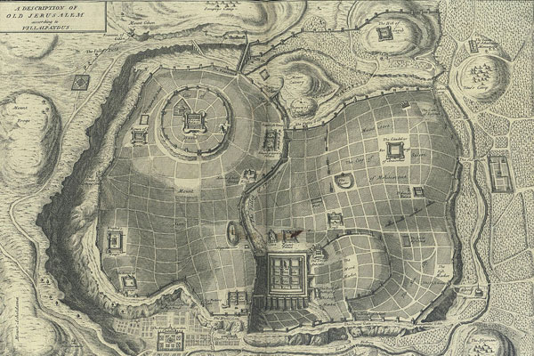 An imaginary plan of ancient Jerusalem from Calmet's Biblical dictionary, 1732.