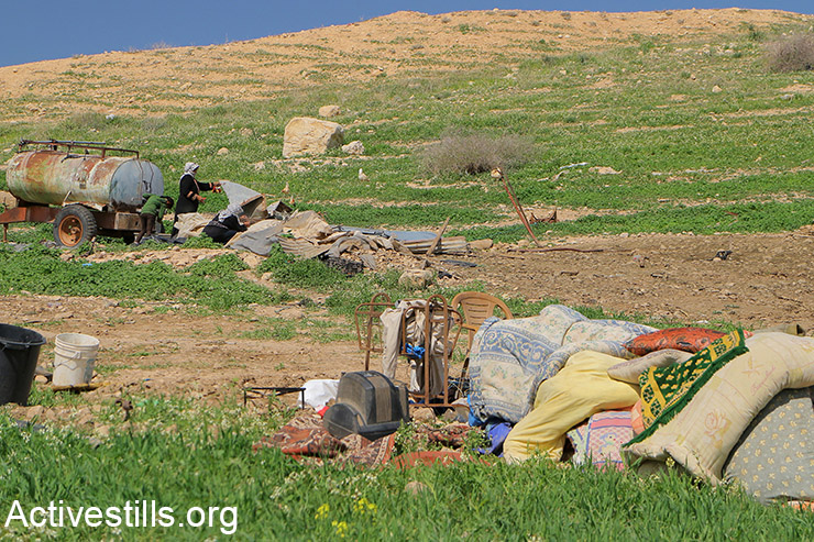 A general view of Al-Farisiya community, which was demolished on Monday morning by Israeli forces, northern Jordan Valley, east of Tubas, West Bank, February 29, 2016. 4 Palestinian families have lost a number of their residential facilities and tents. According to locals, their facilities have been demolished for the second time in less than a month. The Israeli pretext is building without permits in area 'C'. (Activestills.org)
