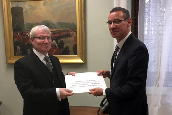 Israeli Ambassador Mark Regev presents his credentials to the UK Foreign Office. (Israeli Embassy/Twitter)