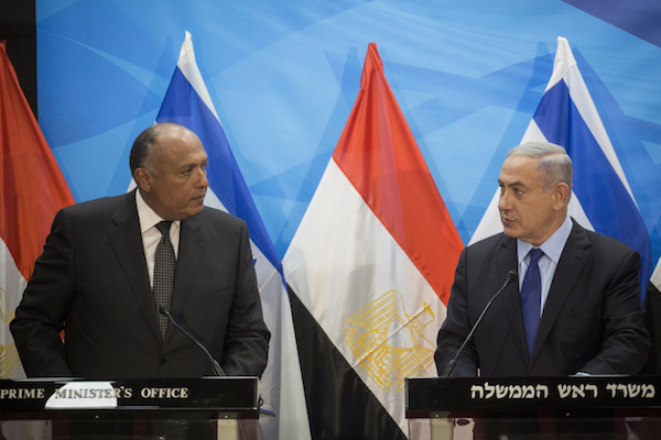 Prime Minister Netanyahu meets with Egyptian Foreign Minister Sameh Shoukry  in Jerusalem, July 10, 2016. (Hadas Parush/Flash90)