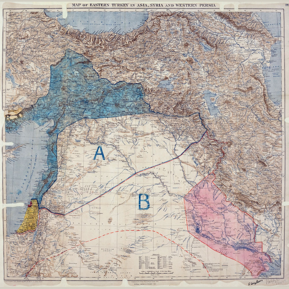 Map of Sykes–Picot Agreement showing Eastern Turkey in Asia, Syria and Western Persia, and areas of control and influence agreed between the British and the French. Royal Geographical Society, 1910-15. Signed by Mark Sykes and François Georges-Picot, 8 May 1916.