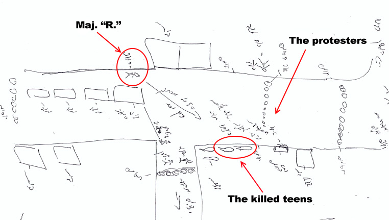 From the Military Police investigation file. A diagram of scene of the shooting, as drawn by the shooter, Maj. R. The red annotations and English-language key were added by +972. 