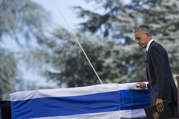 U.S. President Barack Obama after delivering a eulogy for Shimon Peres at the official state funeral at Mount Herzl, Jerusalem, September 30, 2016. (Miriam Alster/Flash90)